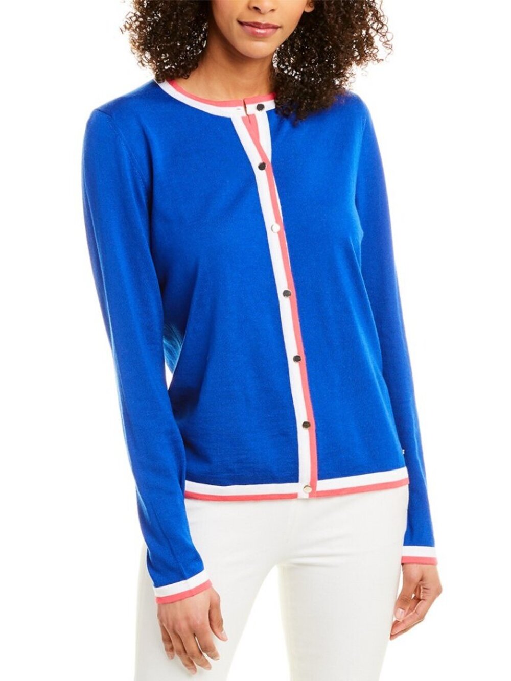 Escada Virgin Wool Cardigan Cobalt Blue Stripe Trim Gold Buttons Size L